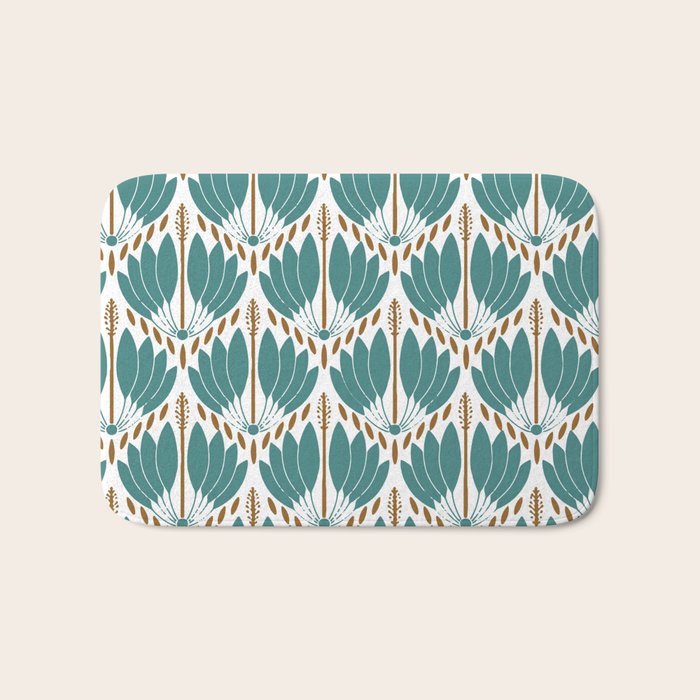 Art Deco White Green & Gold Abstract Pattern Bath Mat Gallery Image 1