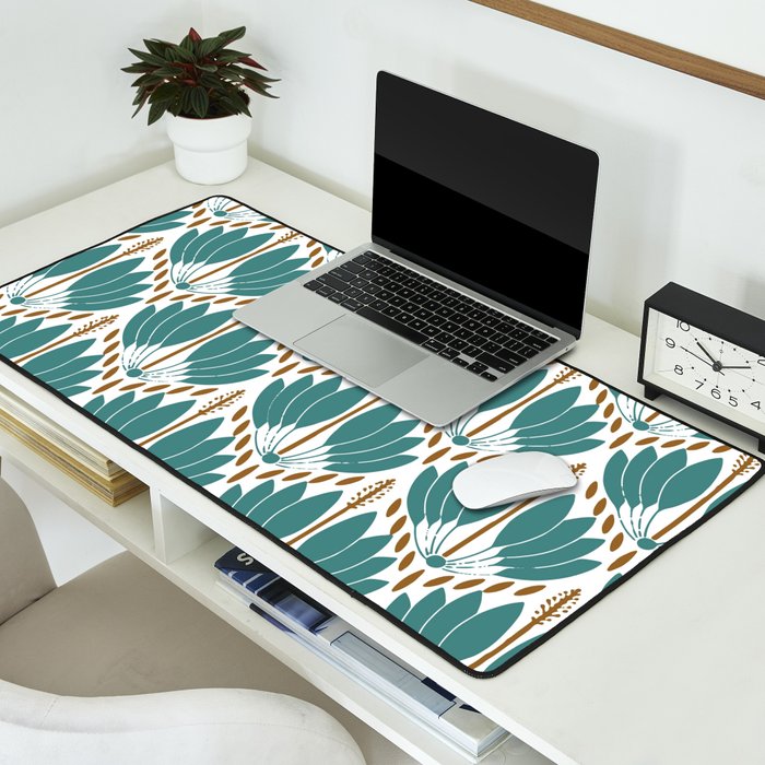 Art Deco White Green & Gold Abstract Pattern Desk Mat Gallery Image 2