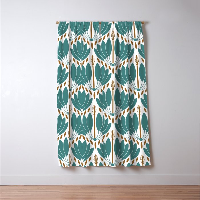 Art Deco White Green & Gold Abstract Pattern Window Curtain Gallery Image 3