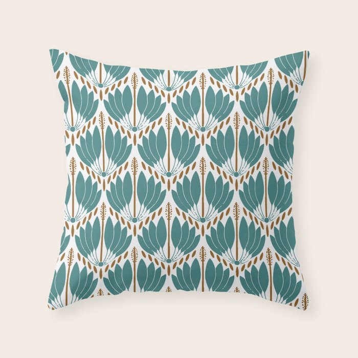Art Deco White Green & Gold Abstract Pattern Throw Pillow Gallery Image 1