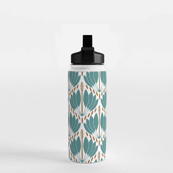 Art Deco White Green & Gold Abstract Pattern Water Bottle Gallery Image 2