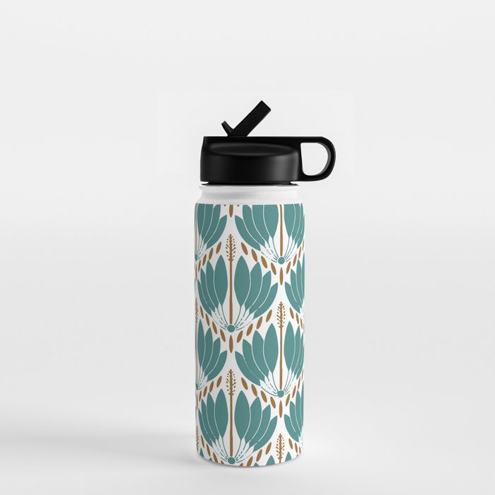 Art Deco White Green & Gold Abstract Pattern Water Bottle Gallery Image 1
