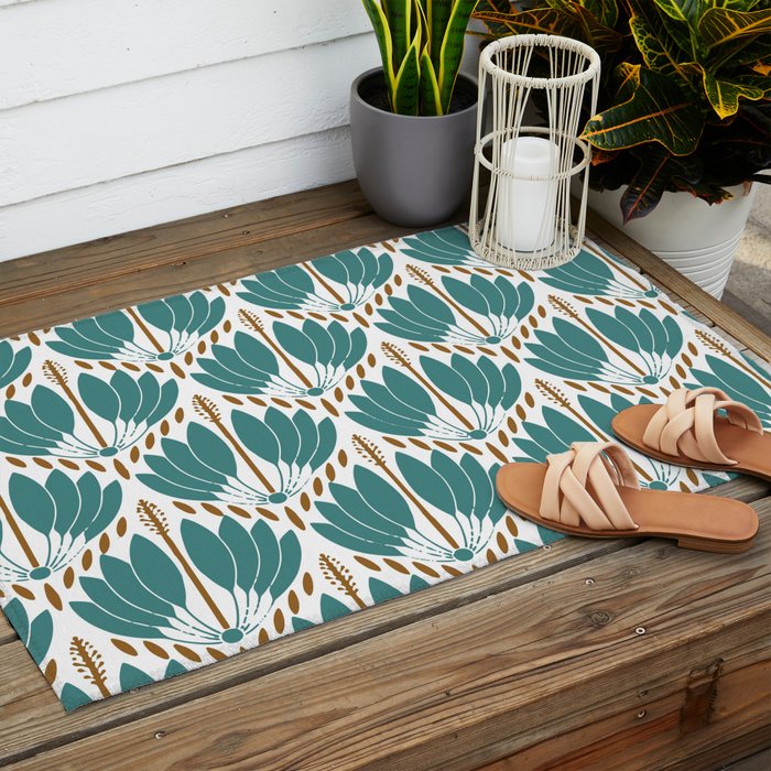 Art Deco White Green & Gold Abstract Pattern Outdoor Rug Gallery Image 2