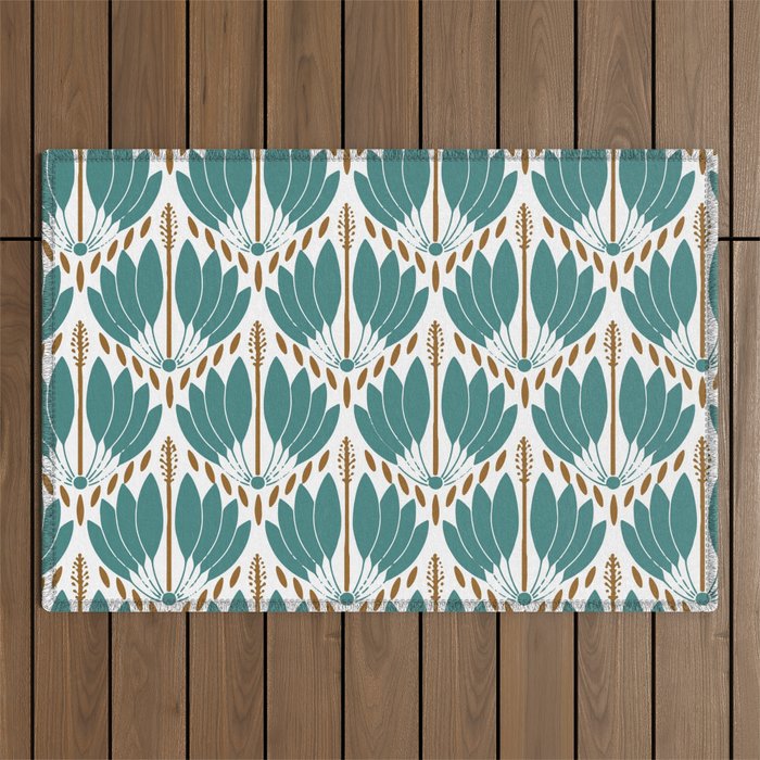Art Deco White Green & Gold Abstract Pattern Outdoor Rug Gallery Image 1