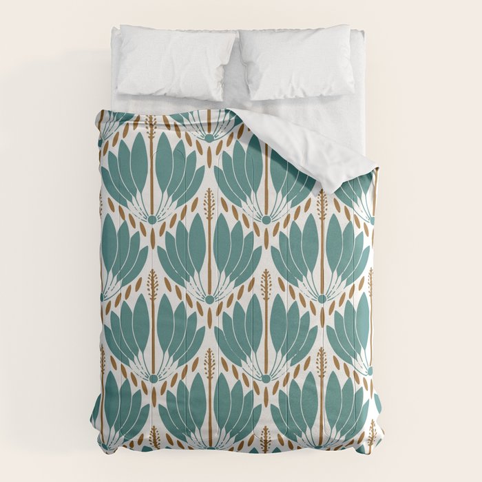 Art Deco White Green & Gold Abstract Pattern Comforter Gallery Image 6