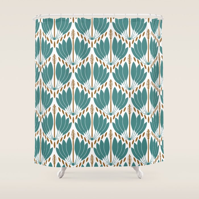 Art Deco White Green & Gold Abstract Pattern Shower Curtain Gallery Image 1