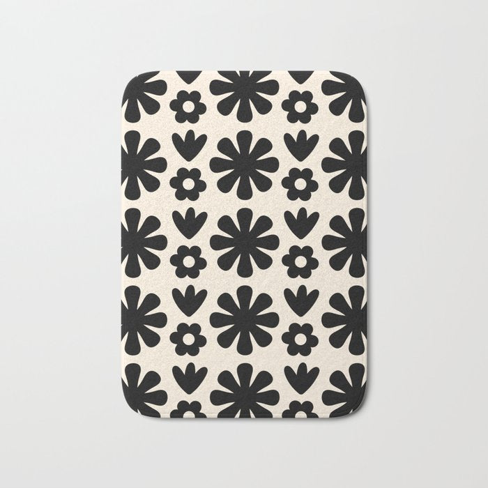 Scandi Floral Grid Retro Flower Pattern in Black and Almond Cream  Bath Mat Gallery Image 1