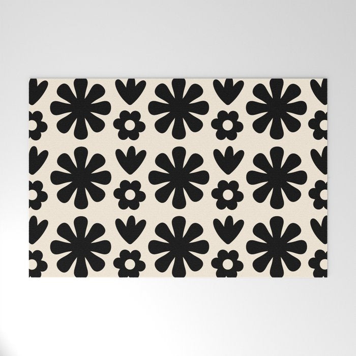 Scandi Floral Grid Retro Flower Pattern in Black and Almond Cream  Welcome Mat Gallery Image 1