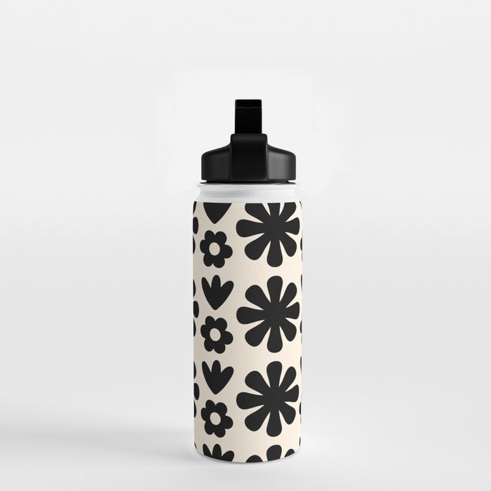 Scandi Floral Grid Retro Flower Pattern in Black and Almond Cream  Water Bottle Gallery Image 2