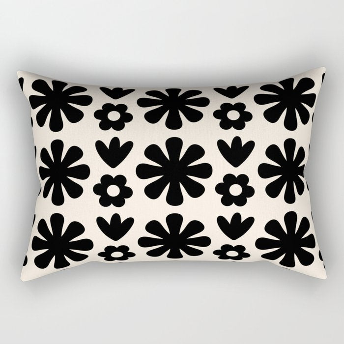 Scandi Floral Grid Retro Flower Pattern in Black and Almond Cream  Rectangular Pillow Gallery Image 2