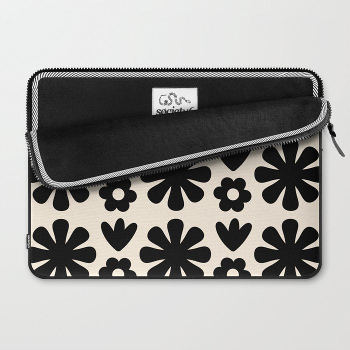 Scandi Floral Grid Retro Flower Pattern in Black and Almond Cream  Laptop Sleeve Gallery Image 2
