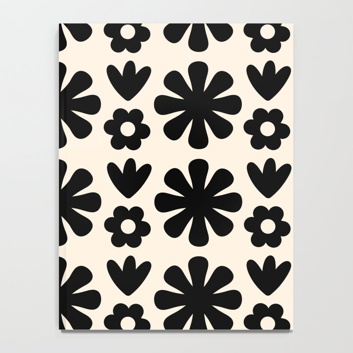Scandi Floral Grid Retro Flower Pattern in Black and Almond Cream  Notebook Gallery Image 4