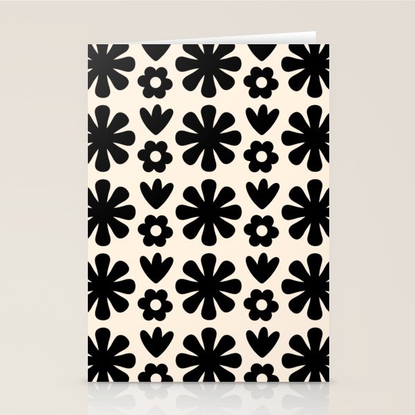 Scandi Floral Grid Retro Flower Pattern in Black and Almond Cream  Stationery Card Gallery Image 2