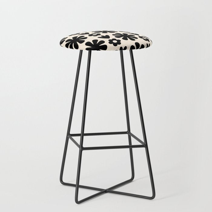 Scandi Floral Grid Retro Flower Pattern in Black and Almond Cream  Stool Gallery Image 1