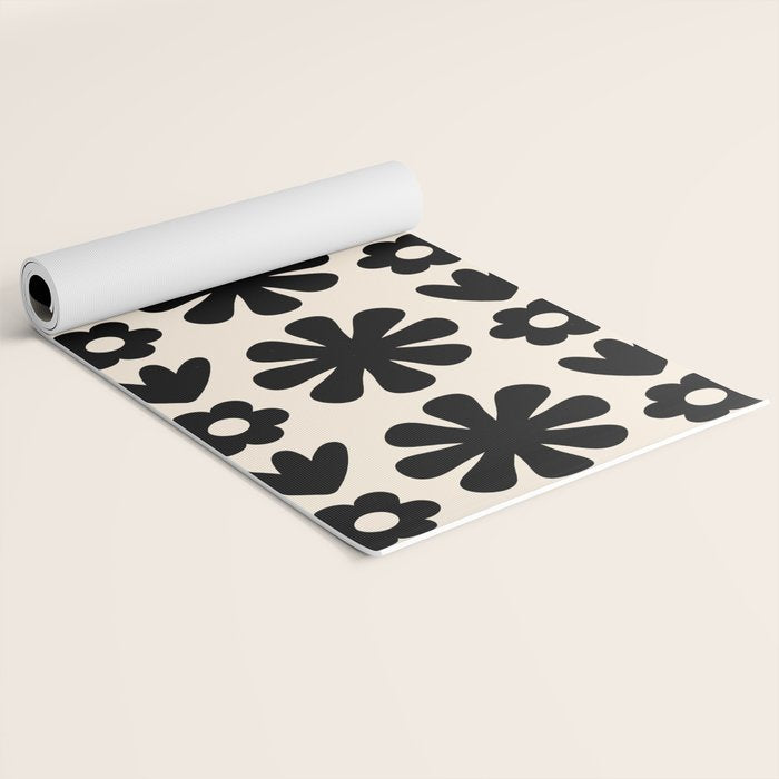 Scandi Floral Grid Retro Flower Pattern in Black and Almond Cream  Yoga Mat Gallery Image 2