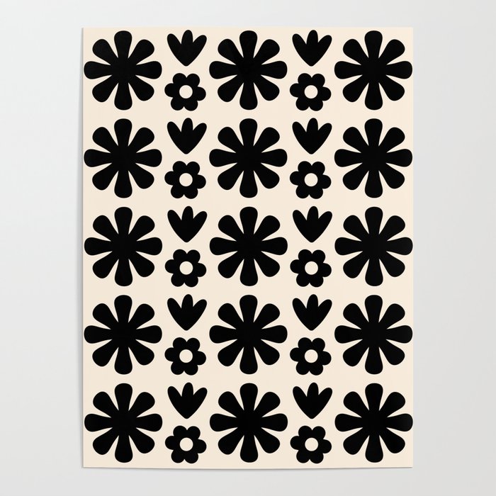 Scandi Floral Grid Retro Flower Pattern in Black and Almond Cream  Poster Gallery Image 4