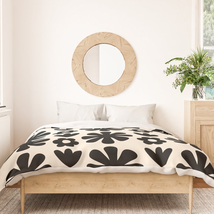 Scandi Floral Grid Retro Flower Pattern in Black and Almond Cream  Duvet Cover Gallery Image 3