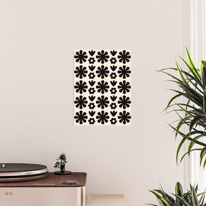 Scandi Floral Grid Retro Flower Pattern in Black and Almond Cream  Poster Gallery Image 2