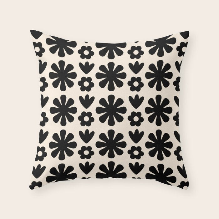 Scandi Floral Grid Retro Flower Pattern in Black and Almond Cream  Throw Pillow Gallery Image 1