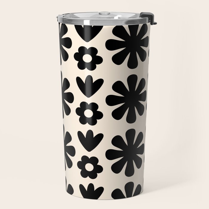 Scandi Floral Grid Retro Flower Pattern in Black and Almond Cream  Travel Mug Gallery Image 2