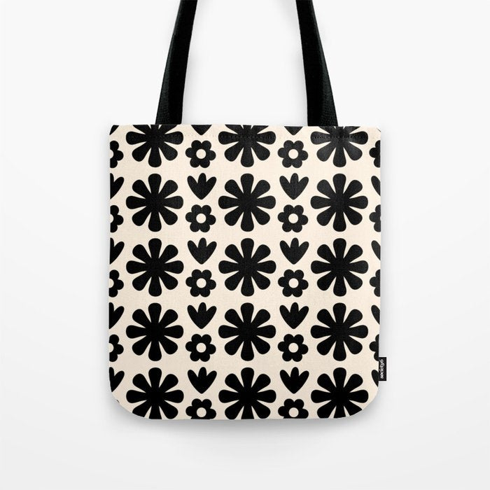 Scandi Floral Grid Retro Flower Pattern in Black and Almond Cream  Tote Bag Gallery Image 1