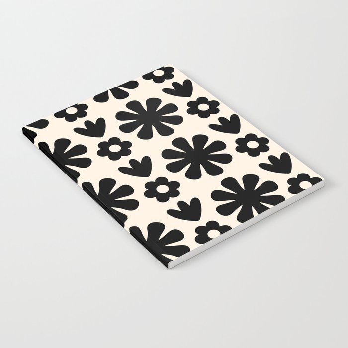 Scandi Floral Grid Retro Flower Pattern in Black and Almond Cream  Notebook Gallery Image 1