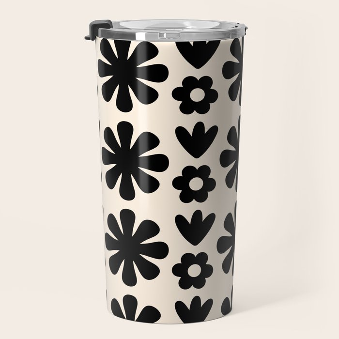 Scandi Floral Grid Retro Flower Pattern in Black and Almond Cream  Travel Mug Gallery Image 3