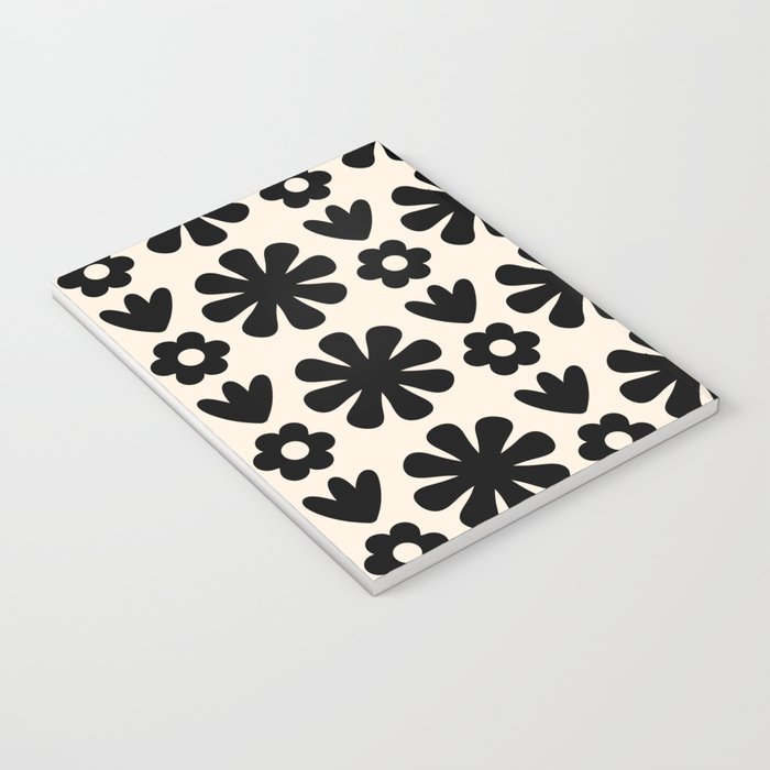 Scandi Floral Grid Retro Flower Pattern in Black and Almond Cream  Notebook Gallery Image 3