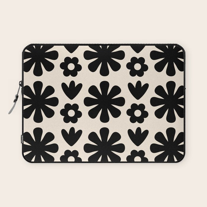 Scandi Floral Grid Retro Flower Pattern in Black and Almond Cream  Laptop Sleeve Gallery Image 1