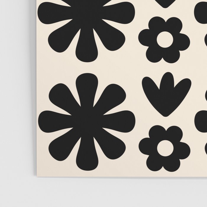 Scandi Floral Grid Retro Flower Pattern in Black and Almond Cream  Poster Gallery Image 3