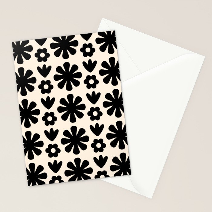 Scandi Floral Grid Retro Flower Pattern in Black and Almond Cream  Stationery Card Gallery Image 2