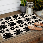 Scandi Floral Grid Retro Flower Pattern in Black and Almond Cream  Outdoor Rug Gallery Image 2