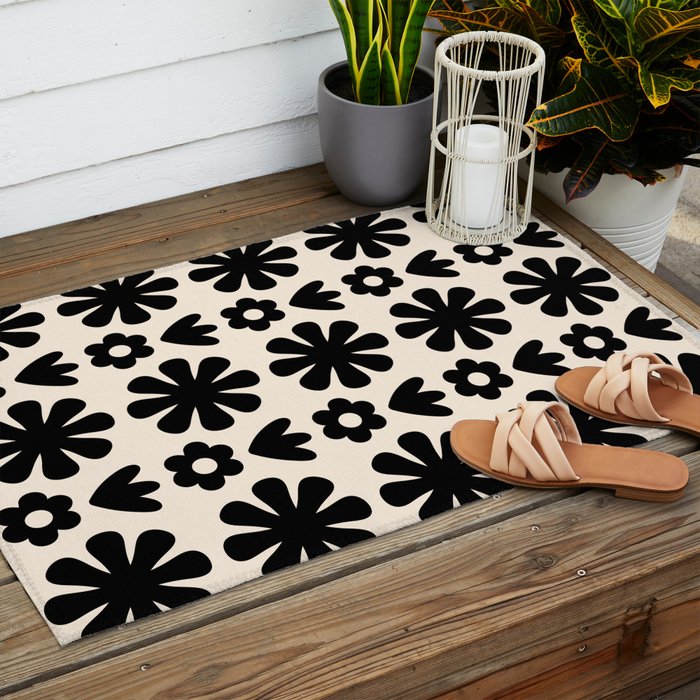 Scandi Floral Grid Retro Flower Pattern in Black and Almond Cream  Outdoor Rug Gallery Image 2