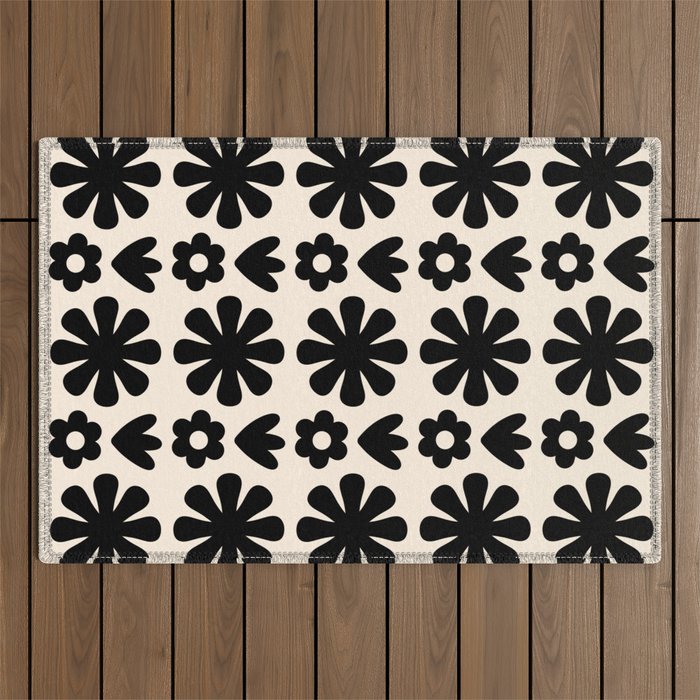 Scandi Floral Grid Retro Flower Pattern in Black and Almond Cream  Outdoor Rug Gallery Image 1