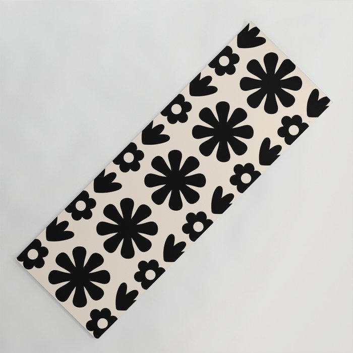 Scandi Floral Grid Retro Flower Pattern in Black and Almond Cream  Yoga Mat Gallery Image 1