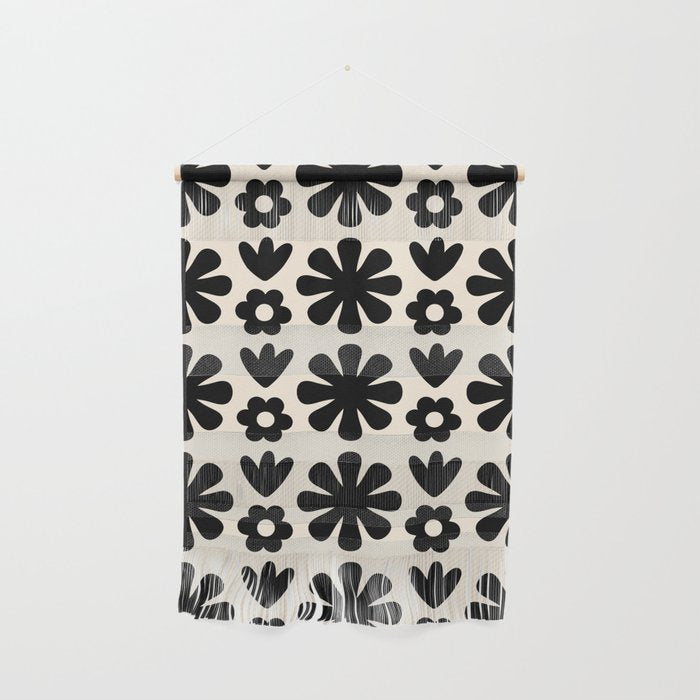 Scandi Floral Grid Retro Flower Pattern in Black and Almond Cream  Wall Hanging Gallery Image 1