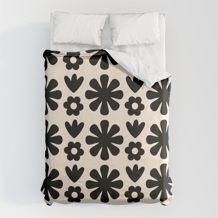 Scandi Floral Grid Retro Flower Pattern in Black and Almond Cream  Duvet Cover Gallery Image 6