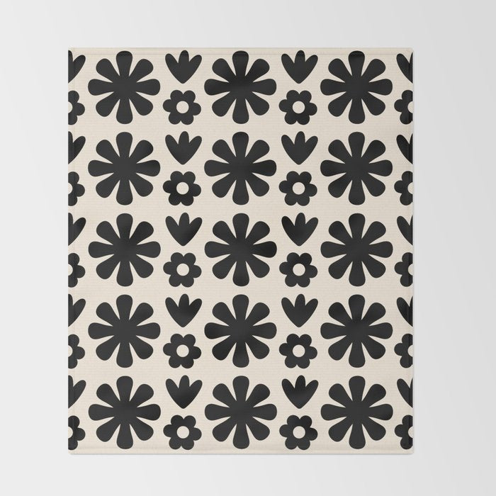 Scandi Floral Grid Retro Flower Pattern in Black and Almond Cream  Throw Blanket Gallery Image 2