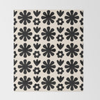 Scandi Floral Grid Retro Flower Pattern in Black and Almond Cream  Throw Blanket Gallery Image 2