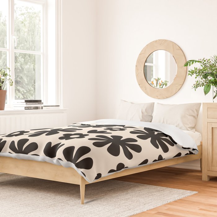 Scandi Floral Grid Retro Flower Pattern in Black and Almond Cream  Duvet Cover Gallery Image 2
