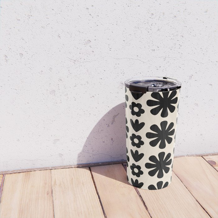 Scandi Floral Grid Retro Flower Pattern in Black and Almond Cream  Travel Mug Gallery Image 4