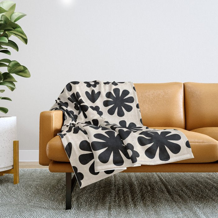 Scandi Floral Grid Retro Flower Pattern in Black and Almond Cream  Throw Blanket Gallery Image 1