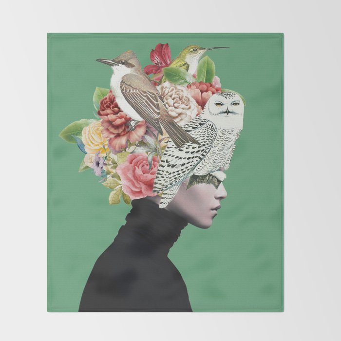 Lady with Birds(portrait) 2 Throw Blanket Gallery Image 2