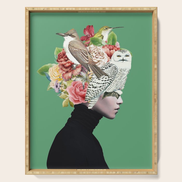 Lady with Birds(portrait) 2 Serving Tray Gallery Image 1