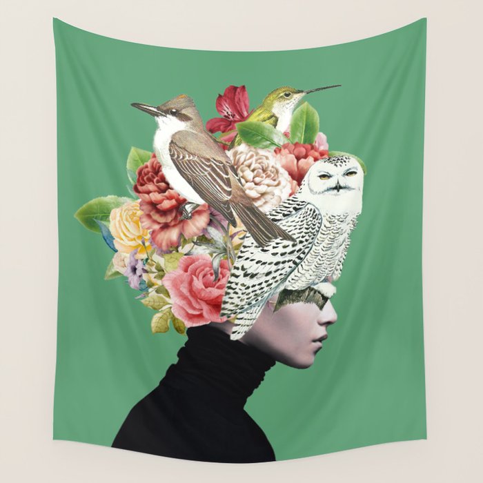 Lady with Birds(portrait) 2 Wall Tapestry Gallery Image 4