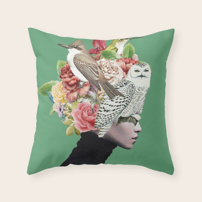Lady with Birds(portrait) 2 Throw Pillow Gallery Image 1