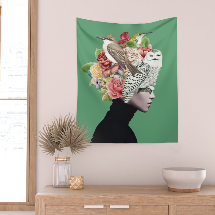 Lady with Birds(portrait) 2 Wall Tapestry Gallery Image 2