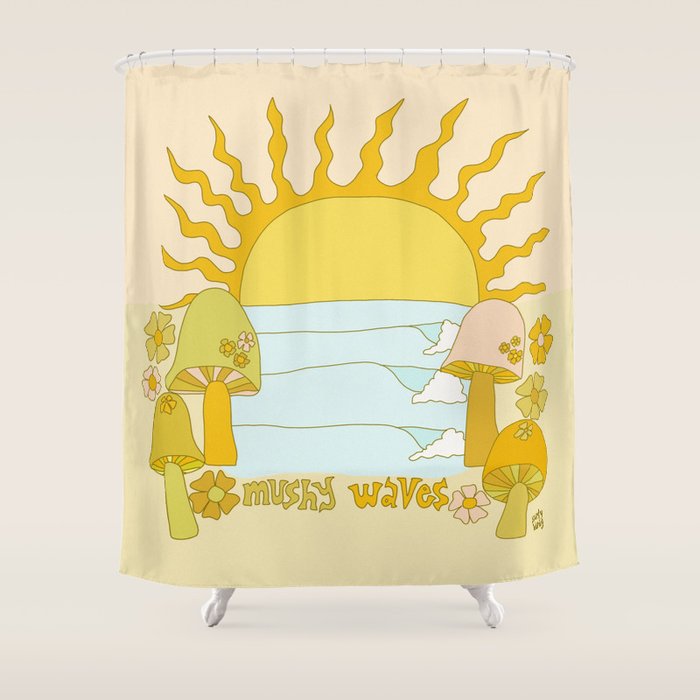 mushy waves mushroom retro surf art by surfy birdy Shower Curtain Gallery Image 1