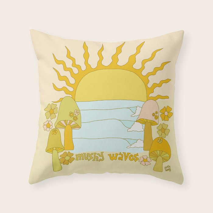 mushy waves mushroom retro surf art by surfy birdy Throw Pillow Gallery Image 1