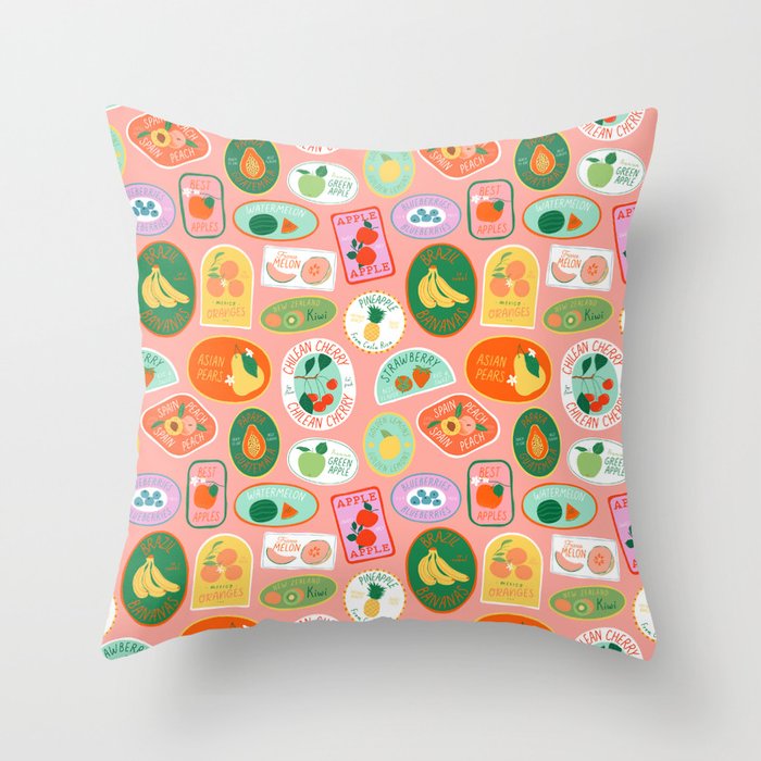 Vintage fruit sticker label cartoon pattern Throw Pillow Gallery Image 6
